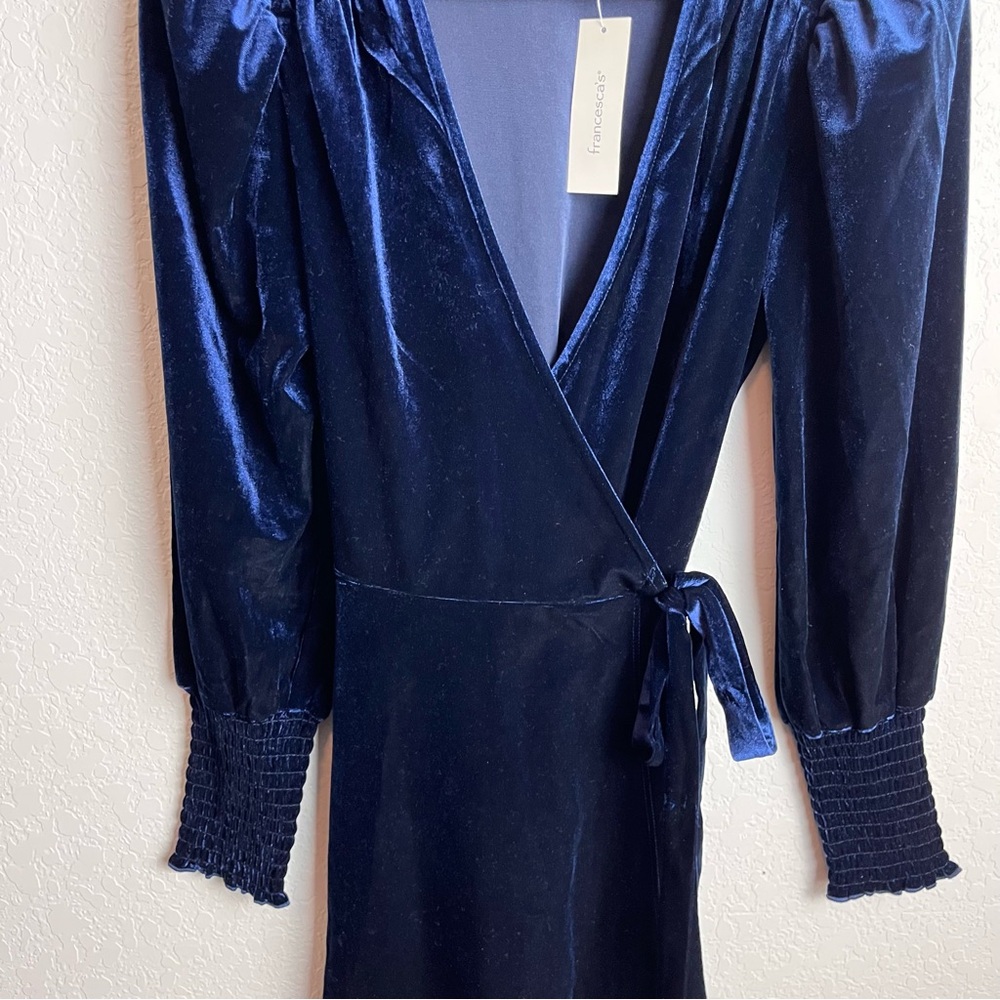 Francesca's Blue Rain Velvet Navy Erin Wrap Dress S Smocked Cuffs Mini NWT - Picture 6 of 12